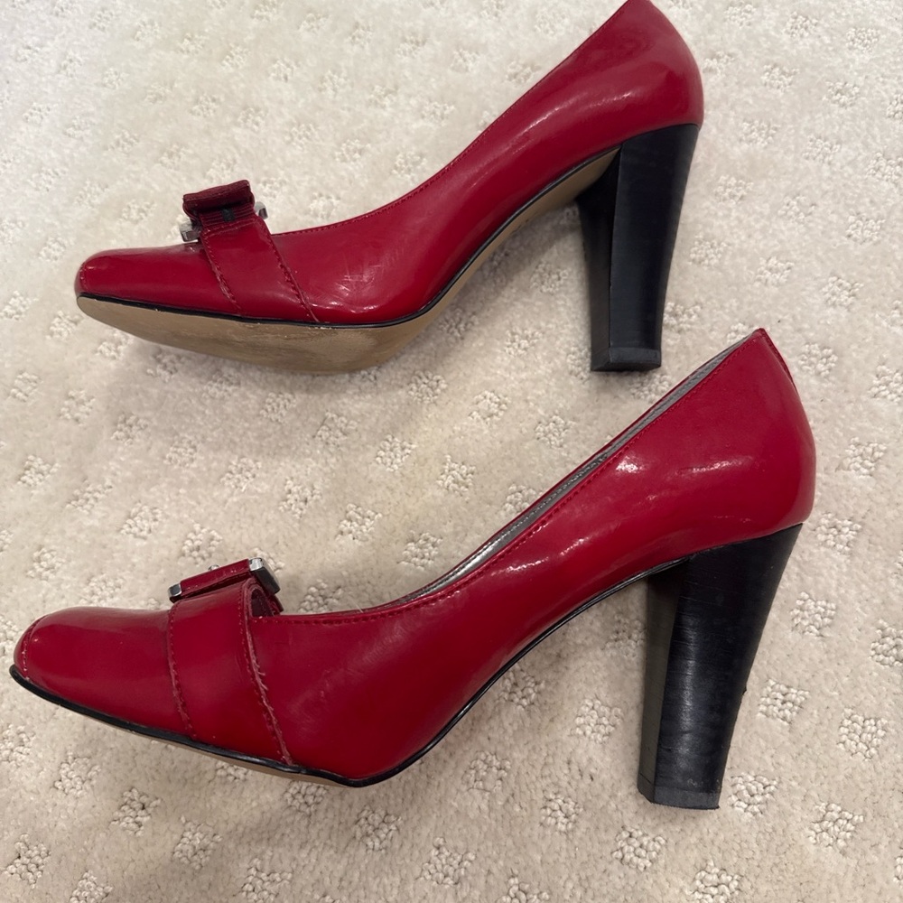 Anne Klein Red Patent Leather Buckle Pumps | Square Toe - Picture 6 of 9